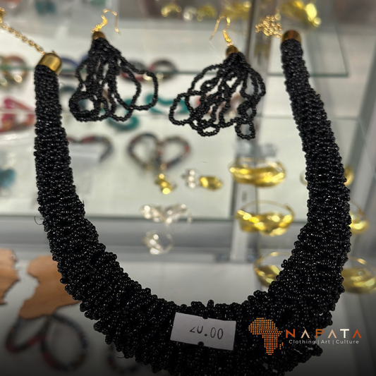 Handcrafted Black Beaded Necklace & Earring Set